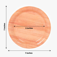 25-Pack Paper 7" Round Dessert Plates in Natural Wood Grain Print - Disposable Appetizer Salad Plates for Rustic Farmhouse Style Events