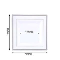 10-Pack Plastic Salad Dessert Plates White Square with Silver Trim - Durable Disposable Appetizer Plates 7"