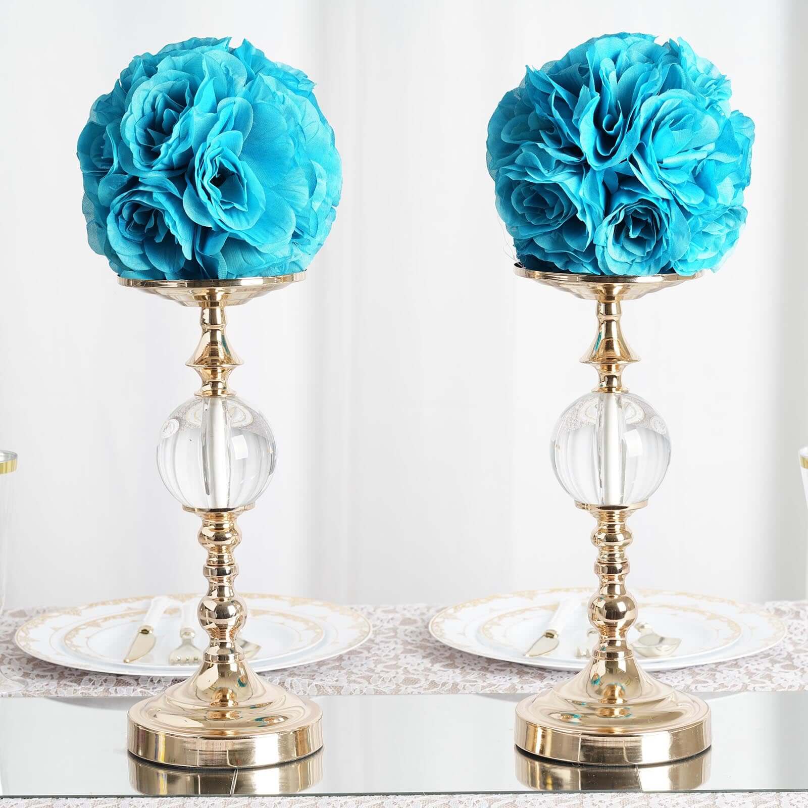 2 Pack 7" Turquoise Artificial Silk Rose Kissing Ball, Faux Flower Ball