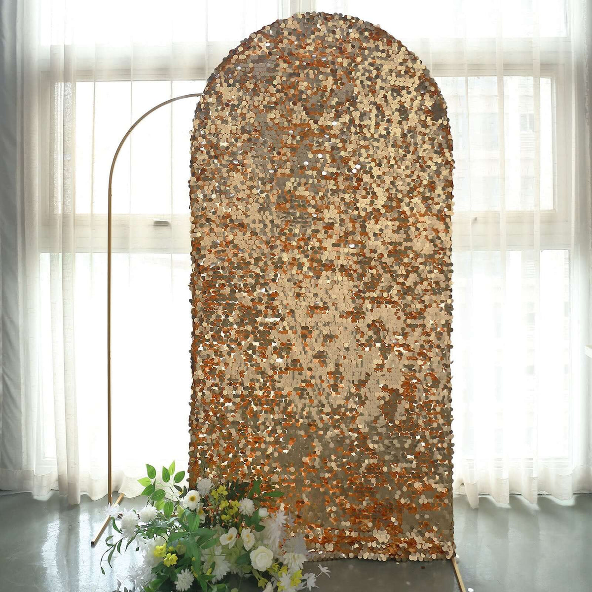 7ft Sparkly Gold Double Sided Big Payette Sequin Chiara Backdrop Stand Cover For Fitted Round Top Wedding Arch