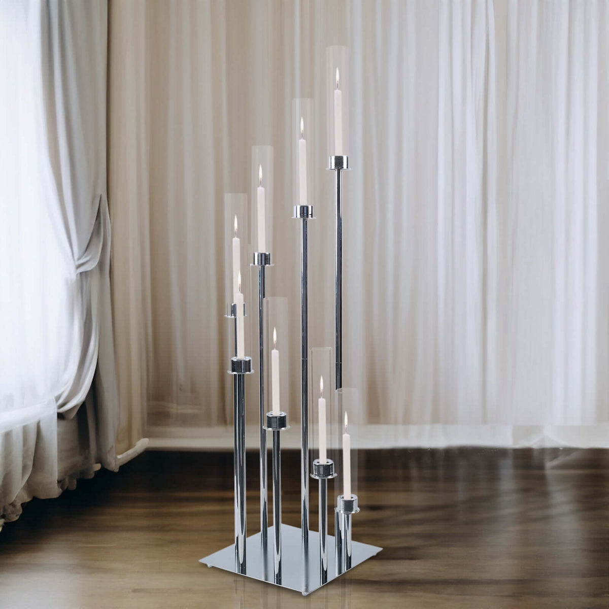 8 Arm Cluster Taper Candle Holder Silver - Stunning Large Candle Arragement With Clear Glass Shades for Grand Banquets & Celebrations 42"