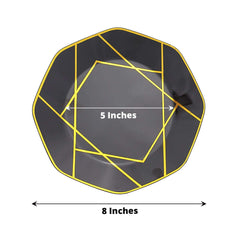 10-Pack Plastic 8" Octagon Dessert Plates in Black - Modern Disposable Salad/Appetizer Plates with Gold Geometric Design for Special Occasions & Celebrations
