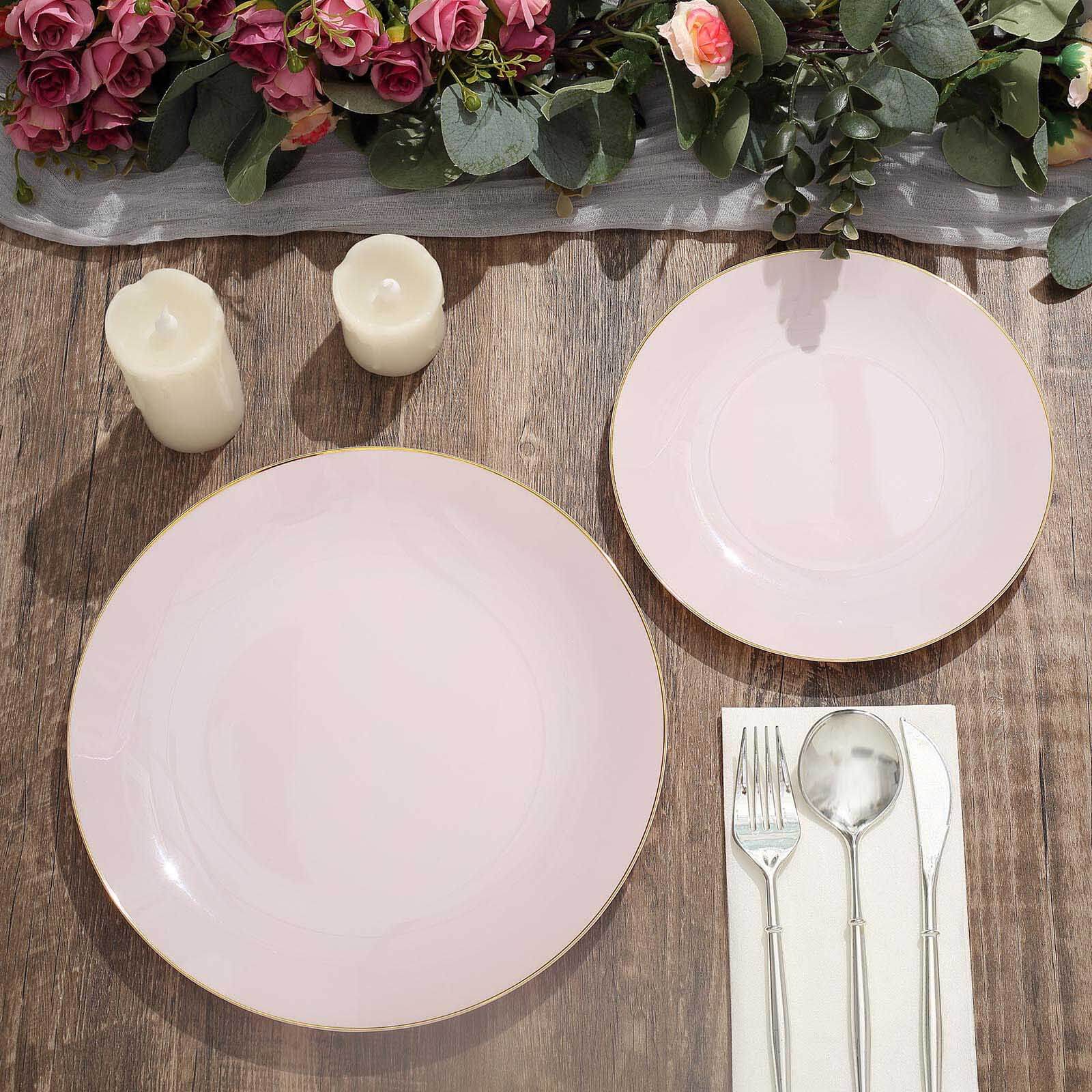 10-Pack Plastic 8" Round Dessert Plates in Blush with Gold Rim - Glossy Disposable Appetizer Salad Plates