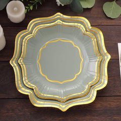 25-Pack Paper Dessert Plates in Sage Green with Gold Scallop Rim - Disposable 300GSM Appetizer Salad Plates 8"