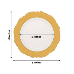 10-Pack Plastic 8" Round Dessert Plates in White with Gold Blossom Design & Gold Edging - Disposable Salad Appetizer Plates for Modern & Classy Table Decor