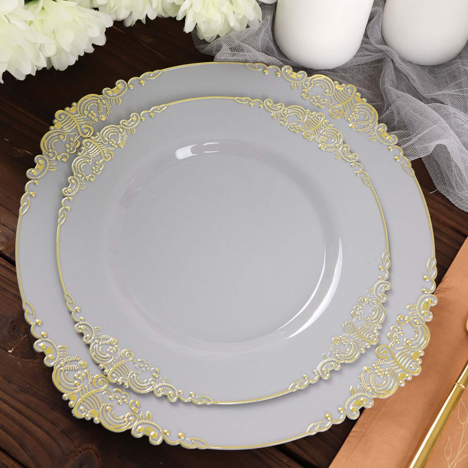 10-Pack Plastic 8" Round Dessert Plates in Gray with Gold Leaf Embossed Rim - Disposable Vintage Baroque Style Salad Plates