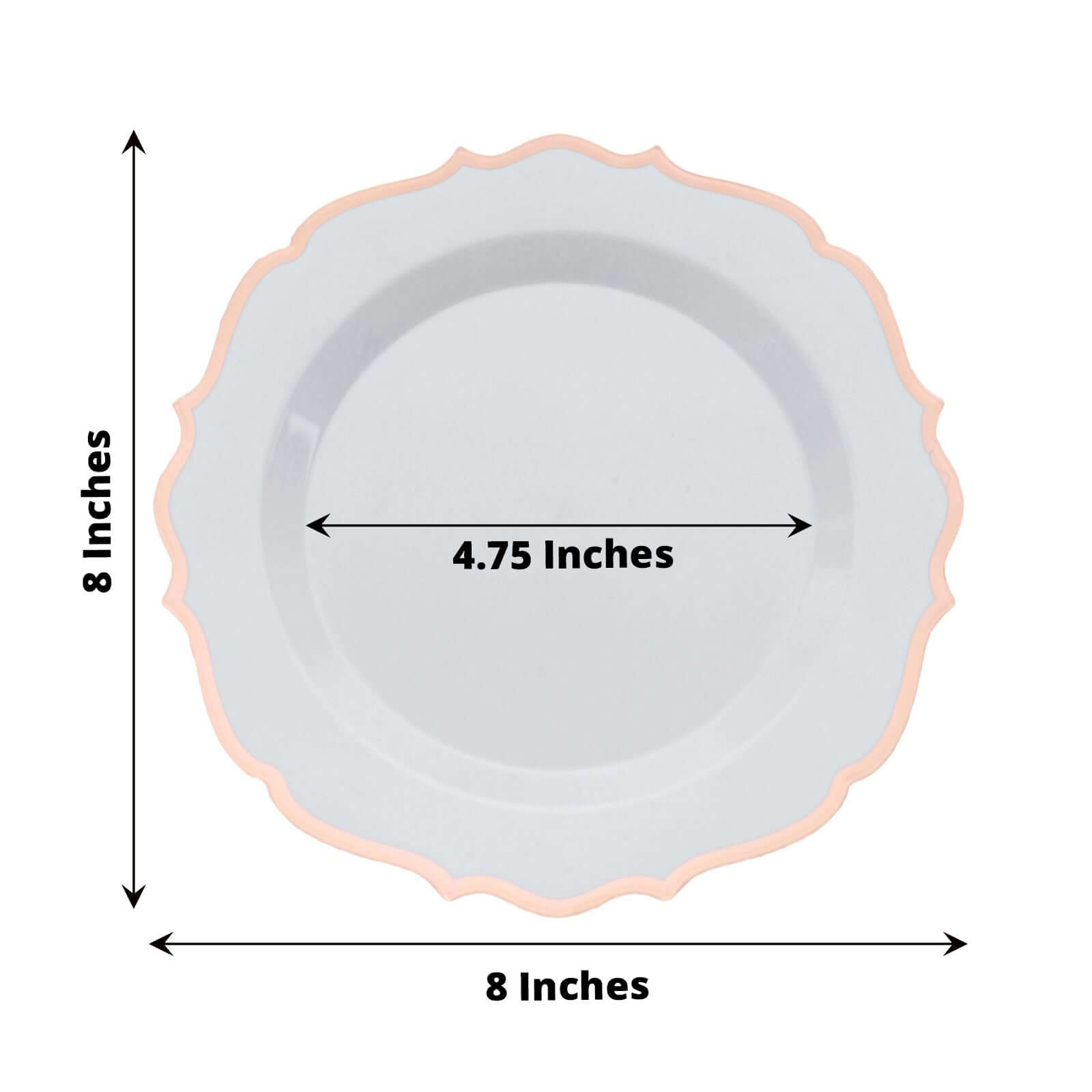 10-Pack Plastic 8" Round Desert Plates in White with Rose Gold Scalloped Rim - Disposable Appetizer/Salad Plates