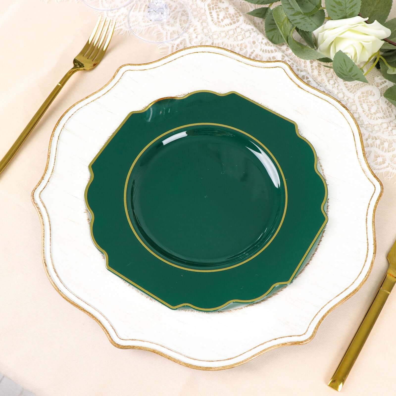 10 Pack 8" Hunter Emerald Green Hard Plastic Dessert Appetizer Plates, Disposable Tableware, Baroque Heavy Duty Salad Plates with Gold Rim