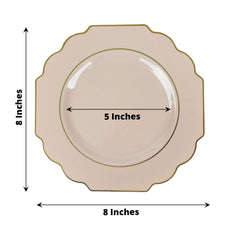 10-Pack Plastic Dessert Appetizer Plates in Taupe Baroque Design with Scalloped Gold Rim - Heavy Duty Disposable Salad Plates 8"