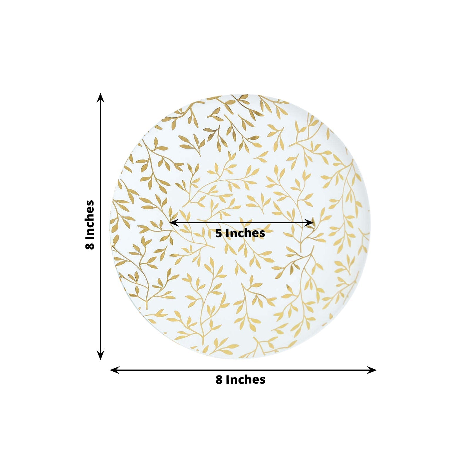 10-Pack Plastic 8" Round Salad Dessert Plates in White with Gold Leaf Design - Heavy Duty Disposable Party Plates for Stylish Events & Memorable Gatherings