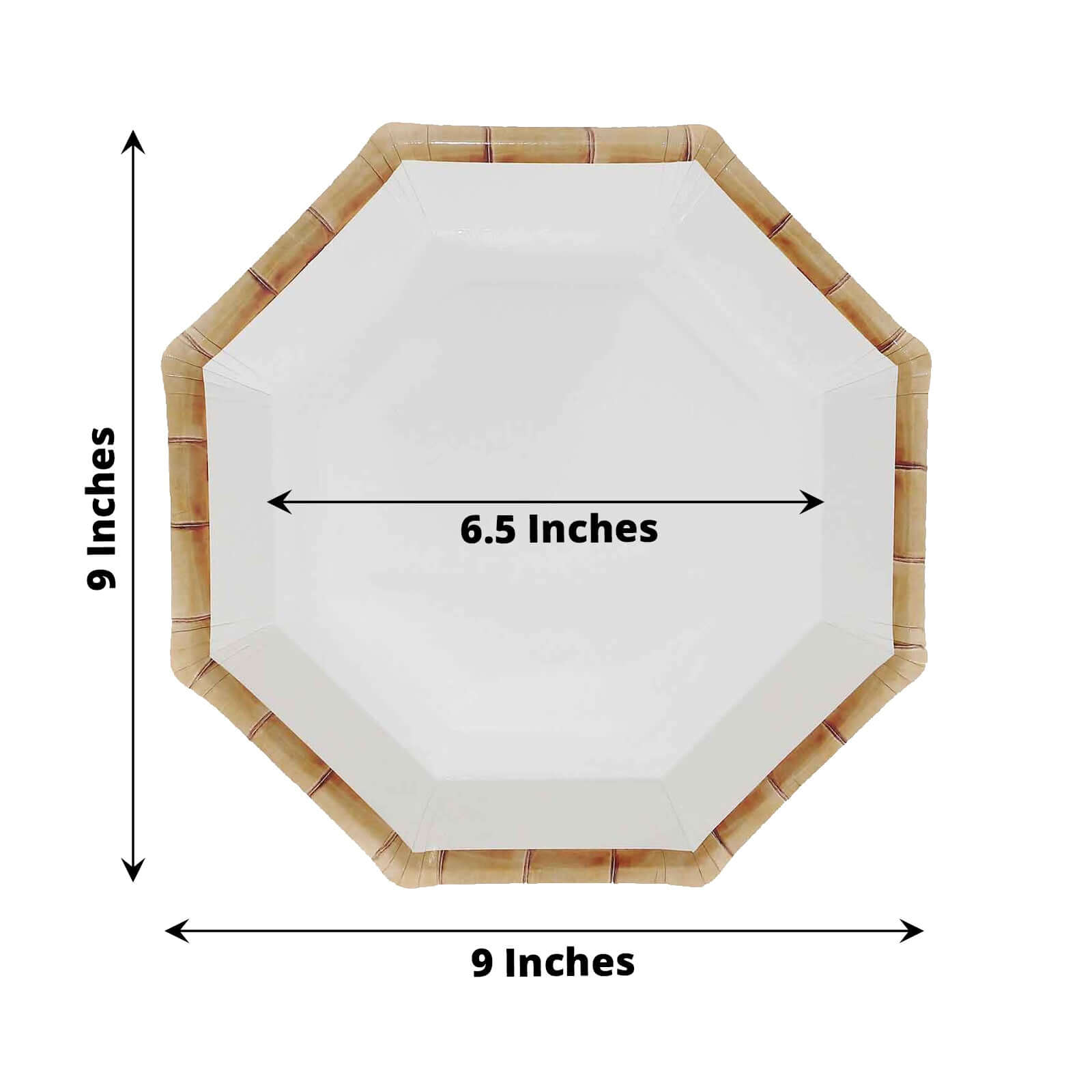 25-Pack Paper 9" Octagonal Dinner Plates in White with Bamboo Print Rim - Disposable Geometric Party Plates for Tropical & Beach Themed Celebrations