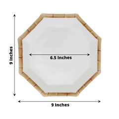 25-Pack Paper 9" Octagonal Dinner Plates in White with Bamboo Print Rim - Disposable Geometric Party Plates for Tropical & Beach Themed Celebrations