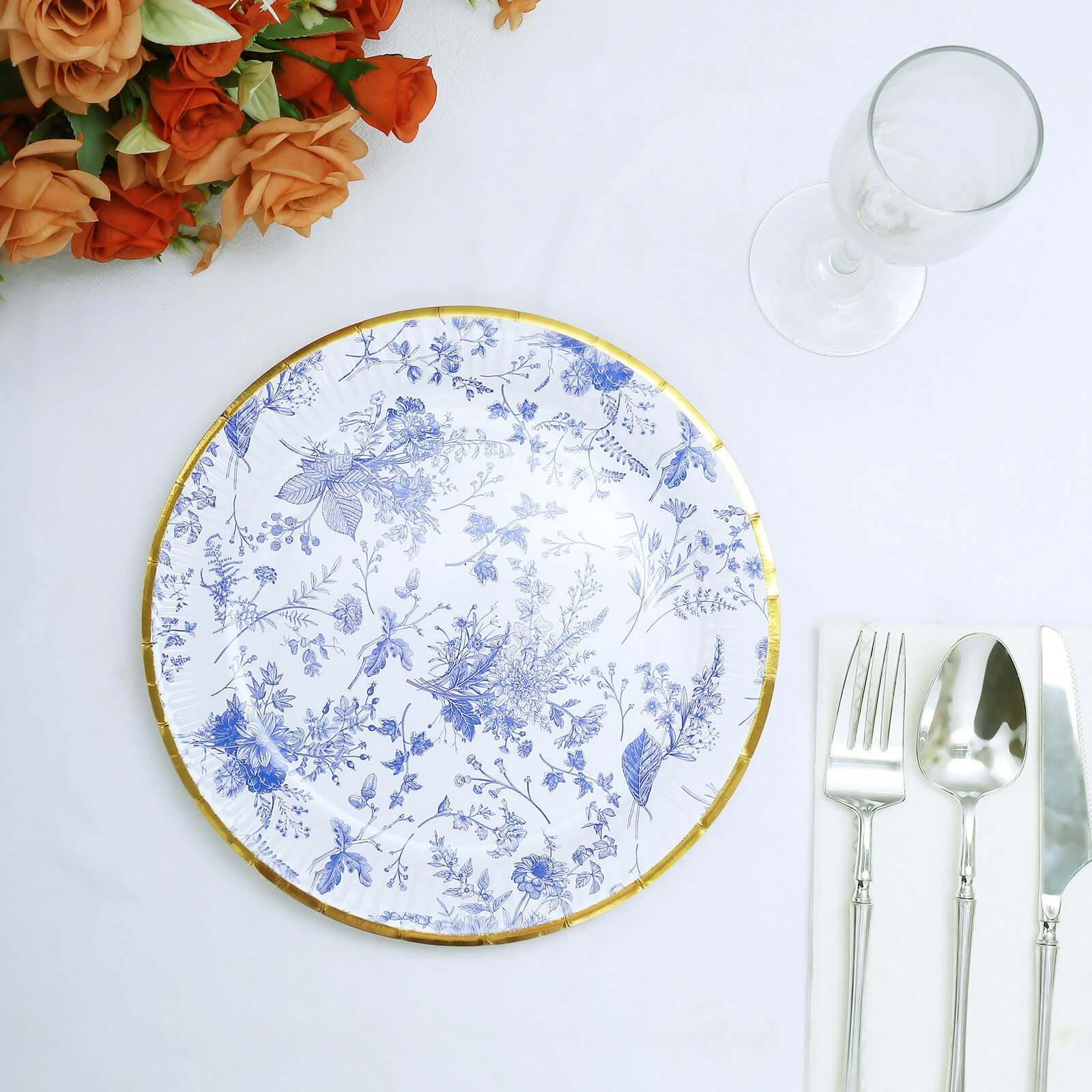 25-Pack Paper 9" Round Dinner Plates in White with Light Blue French Toile Pattern & Gold Rim - Disposable Party Plates for Picnics & Chic Brunches