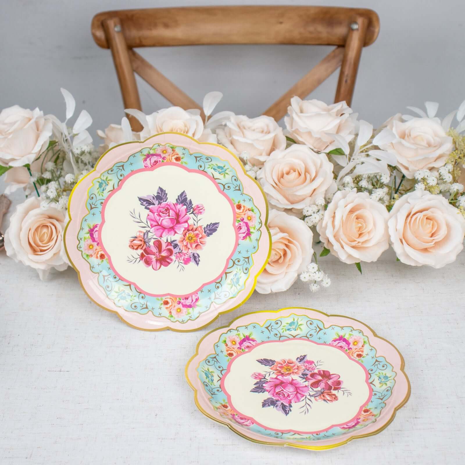 24-Pack Paper 9" Round Dinner Plates in Mixed Floral Print with Scalloped Edge - Disposable Party Plates for Baby Showers & Vintage Themes