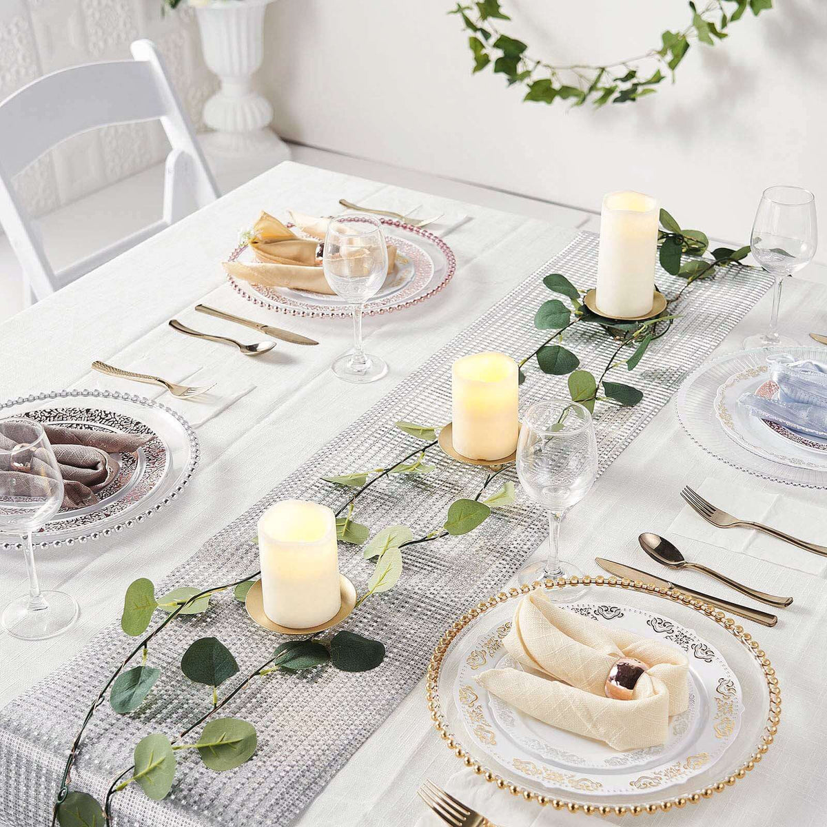 9ft Silver Glamorous Sequin Print Table Runner, Disposable Paper Table Runner