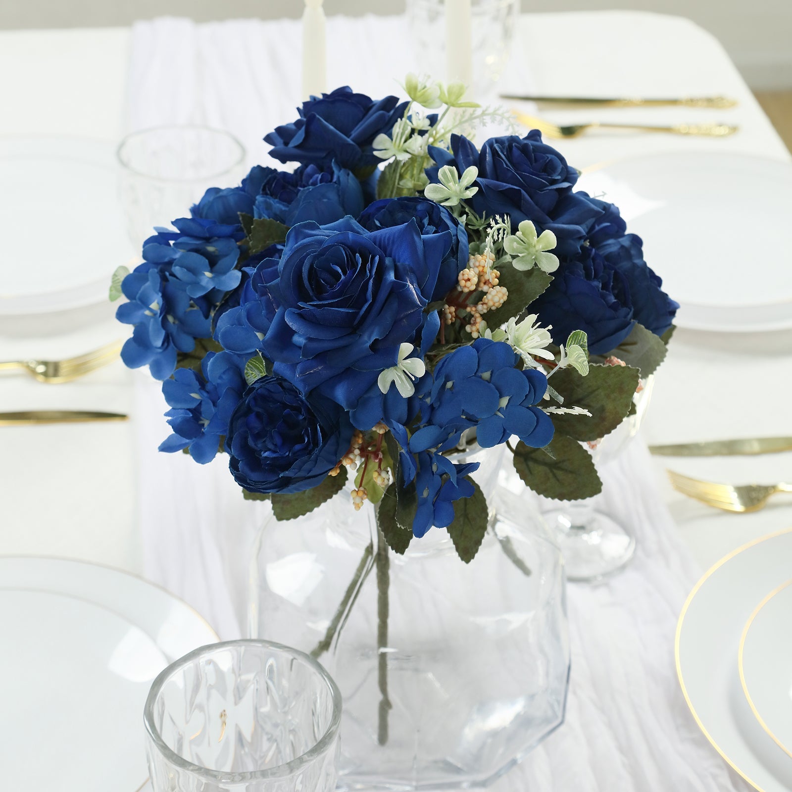2 Pack Artificial Rose & Peony Floral Arrangements – 12" Navy Blue Silk Bouquets for Weddings & Home Décor