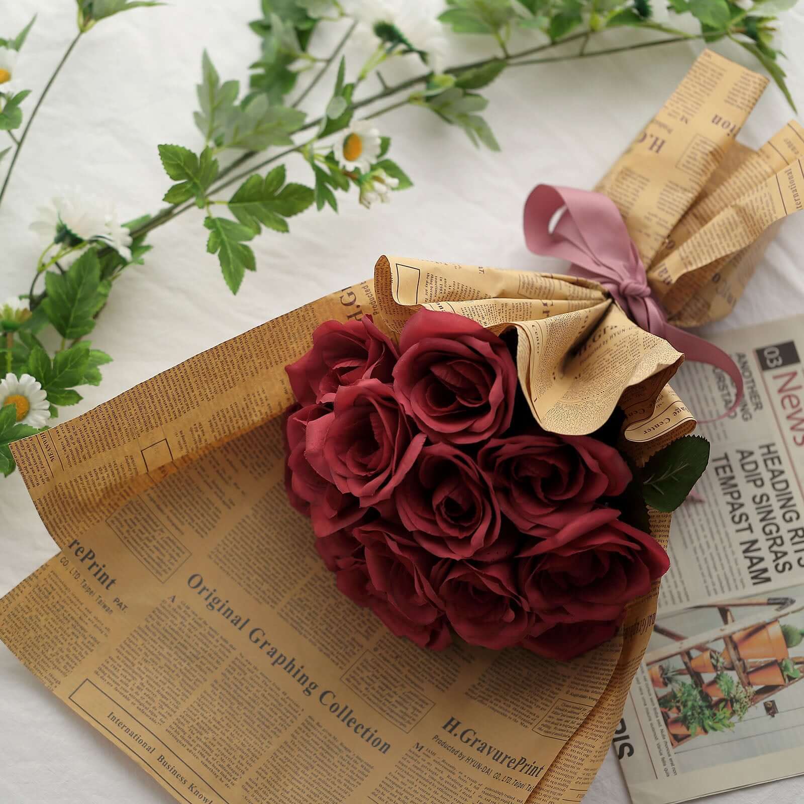 12" Red Artificial Velvet-Like Fabric Rose Flower Bouquet Bush