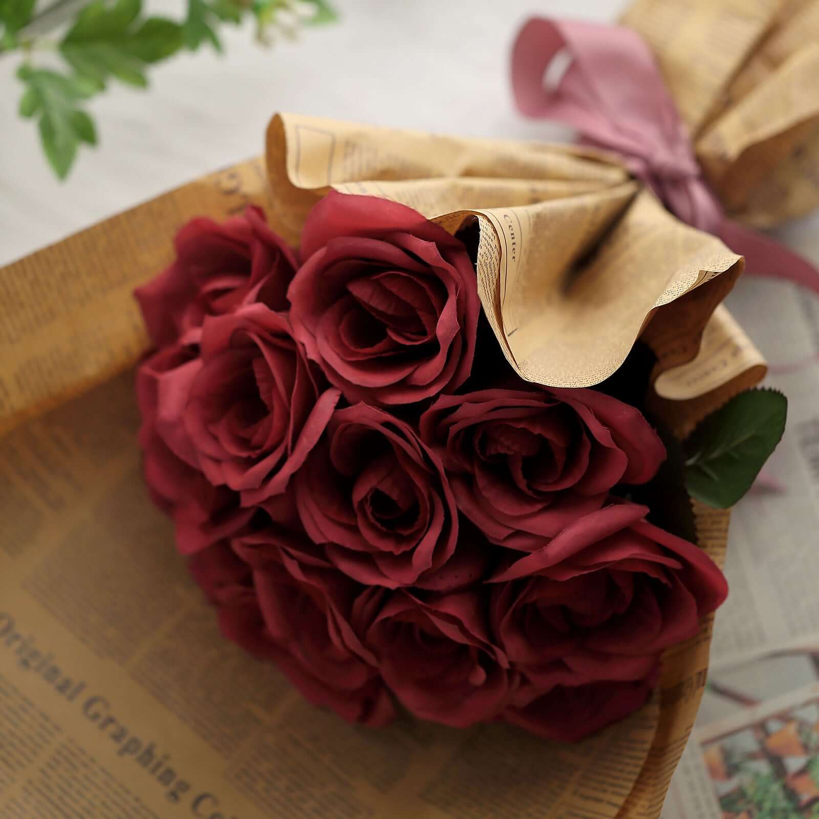 12" Red Artificial Velvet-Like Fabric Rose Flower Bouquet Bush