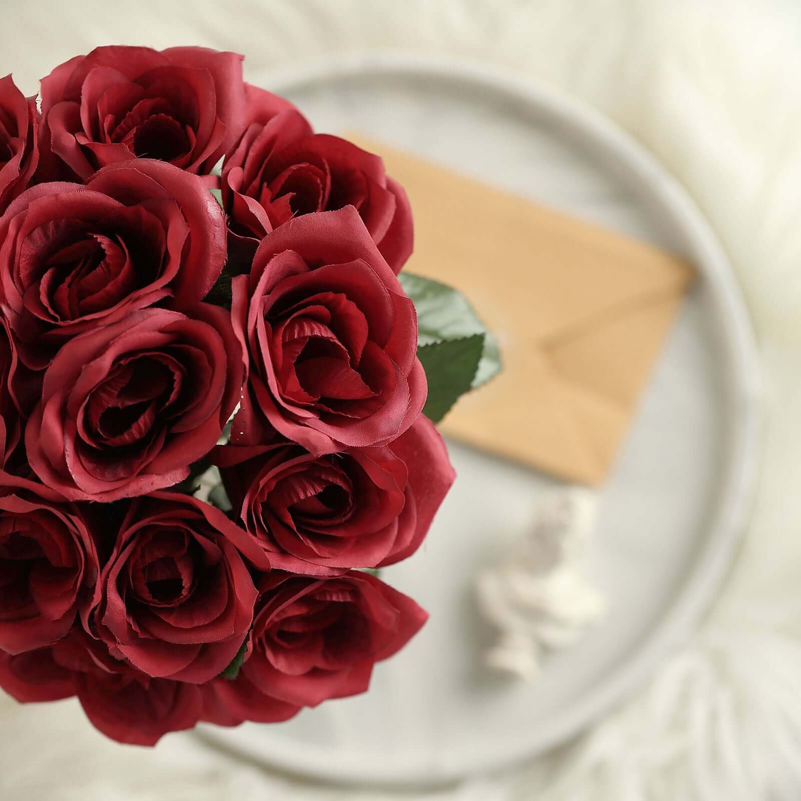 12" Red Artificial Velvet-Like Fabric Rose Flower Bouquet Bush