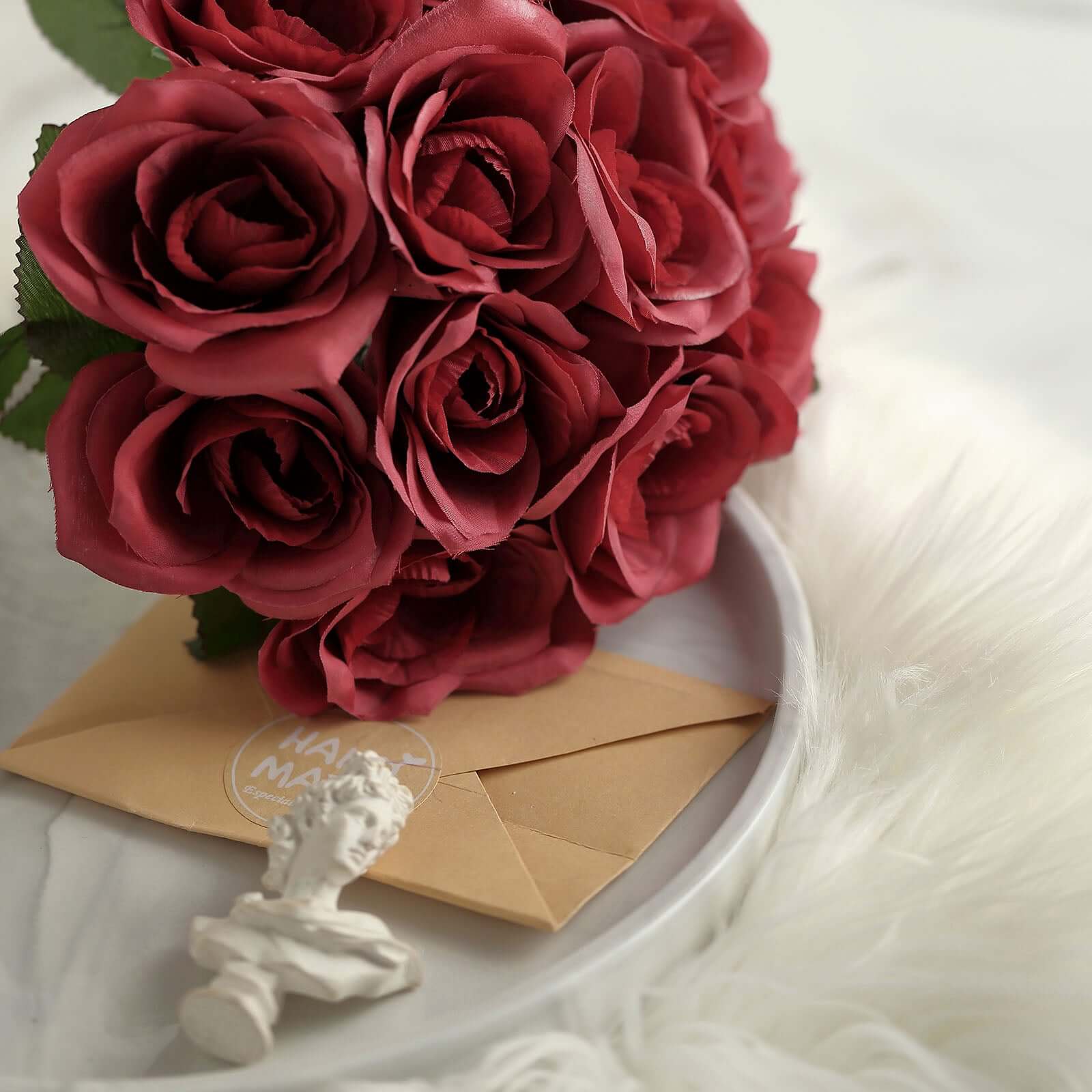 12" Red Artificial Velvet-Like Fabric Rose Flower Bouquet Bush