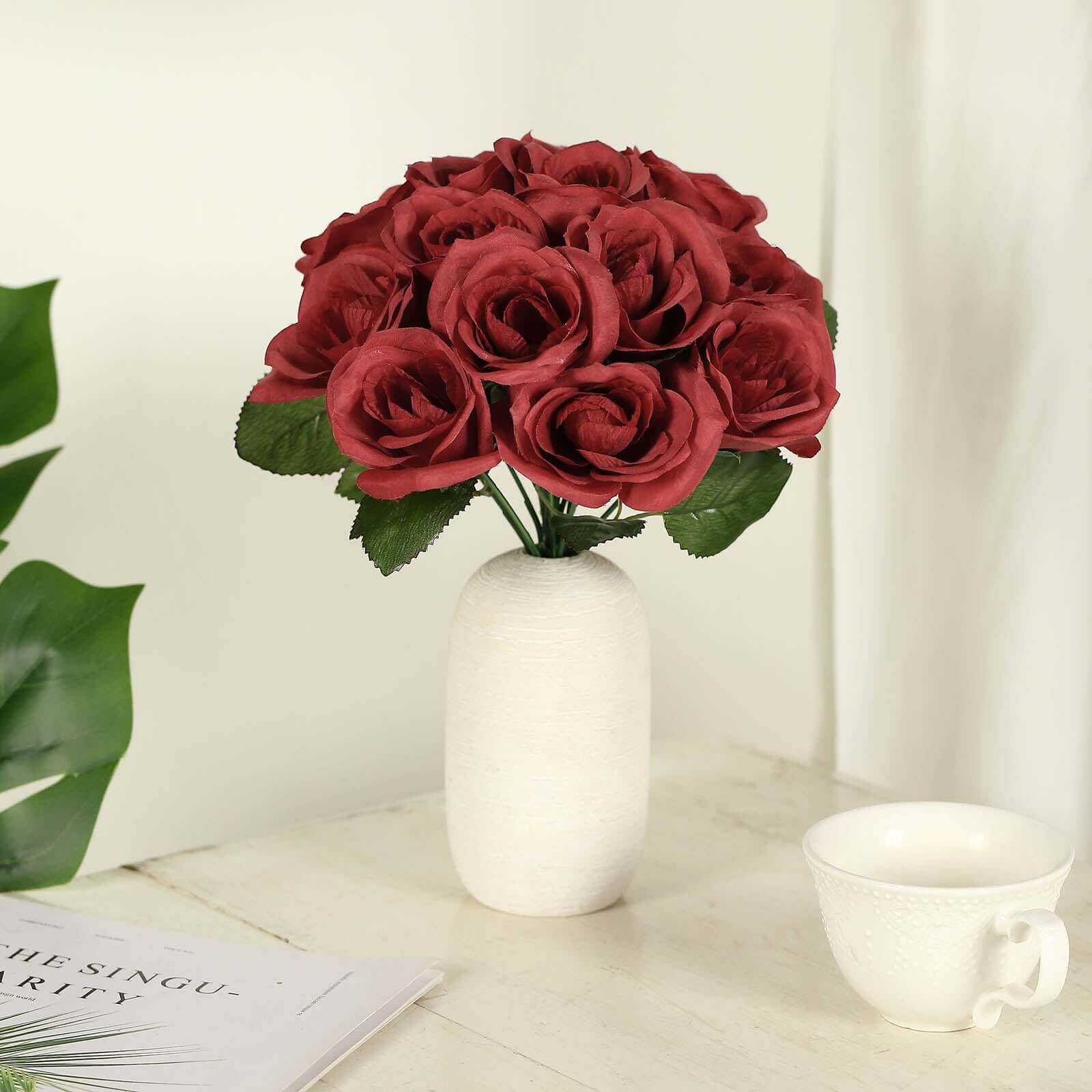 12" Red Artificial Velvet-Like Fabric Rose Flower Bouquet Bush