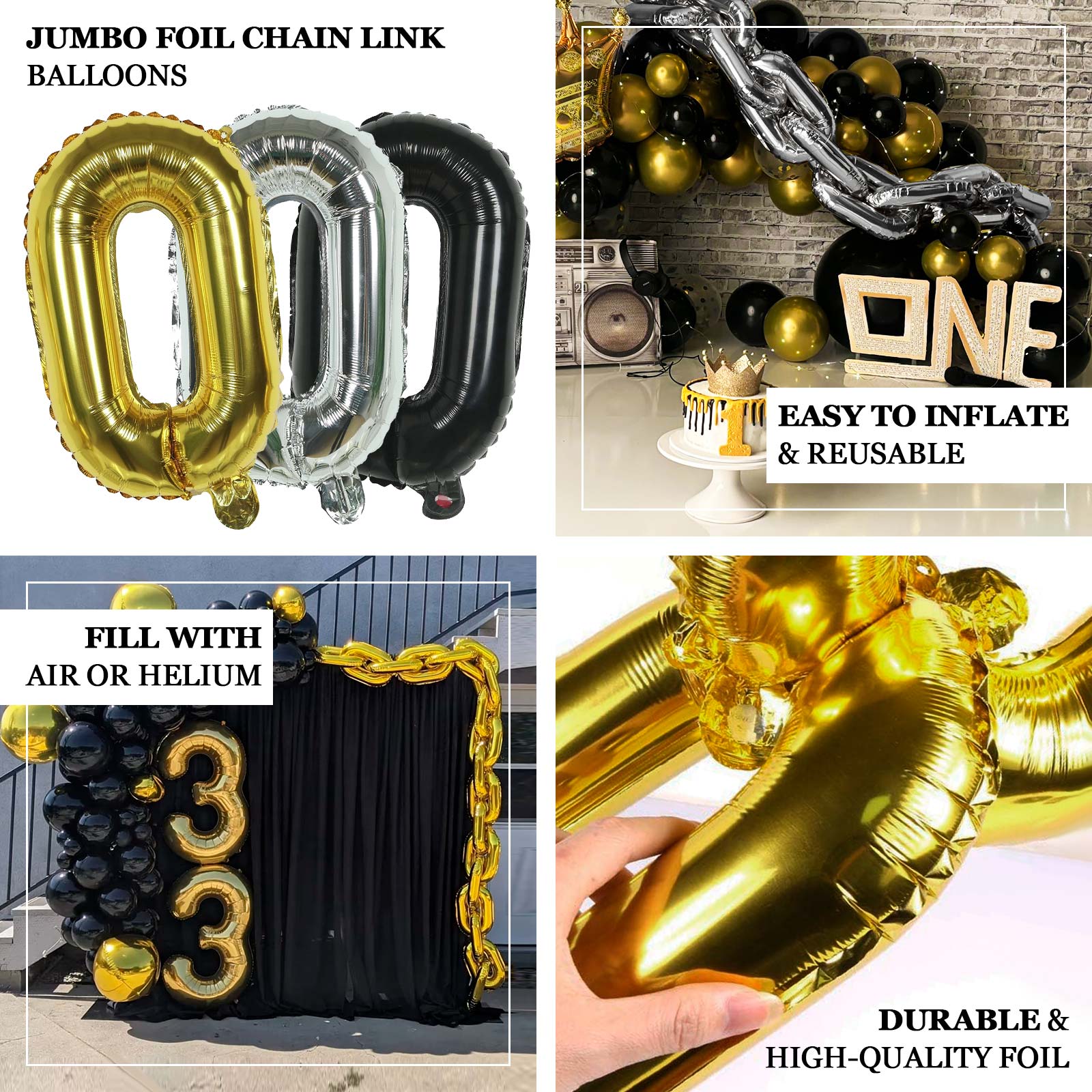 16ft Jumbo Chain Link Balloons in Black, 30pack 8x12" Durable Foil Chain Balloons for 90s Hip Hop Party Decorations, Event Decor