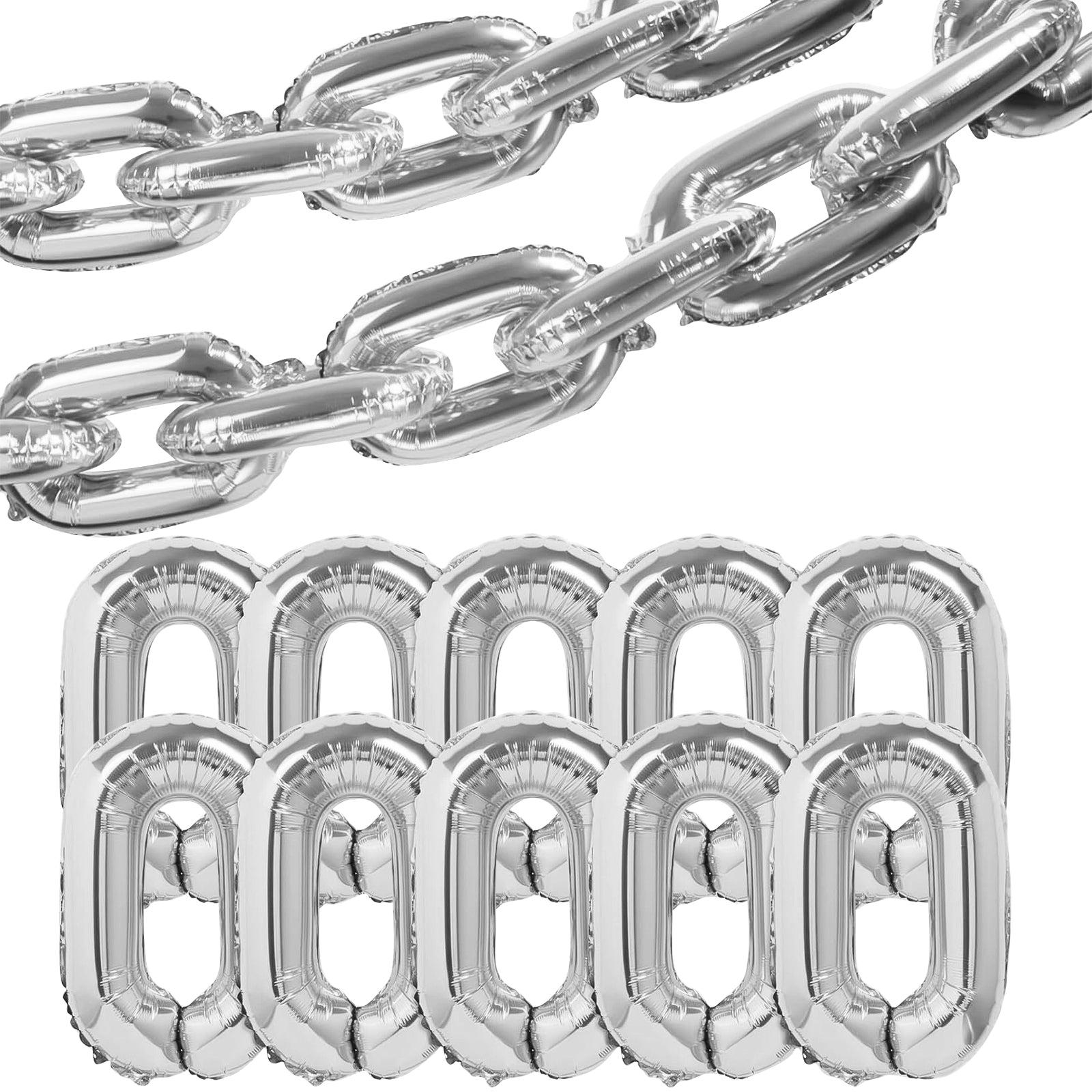 16ft Jumbo Chain Link Balloons in Silver, 30pack 8x12" Durable Foil Chain Balloons for 90s Hip Hop Party Decorations, Event Decor