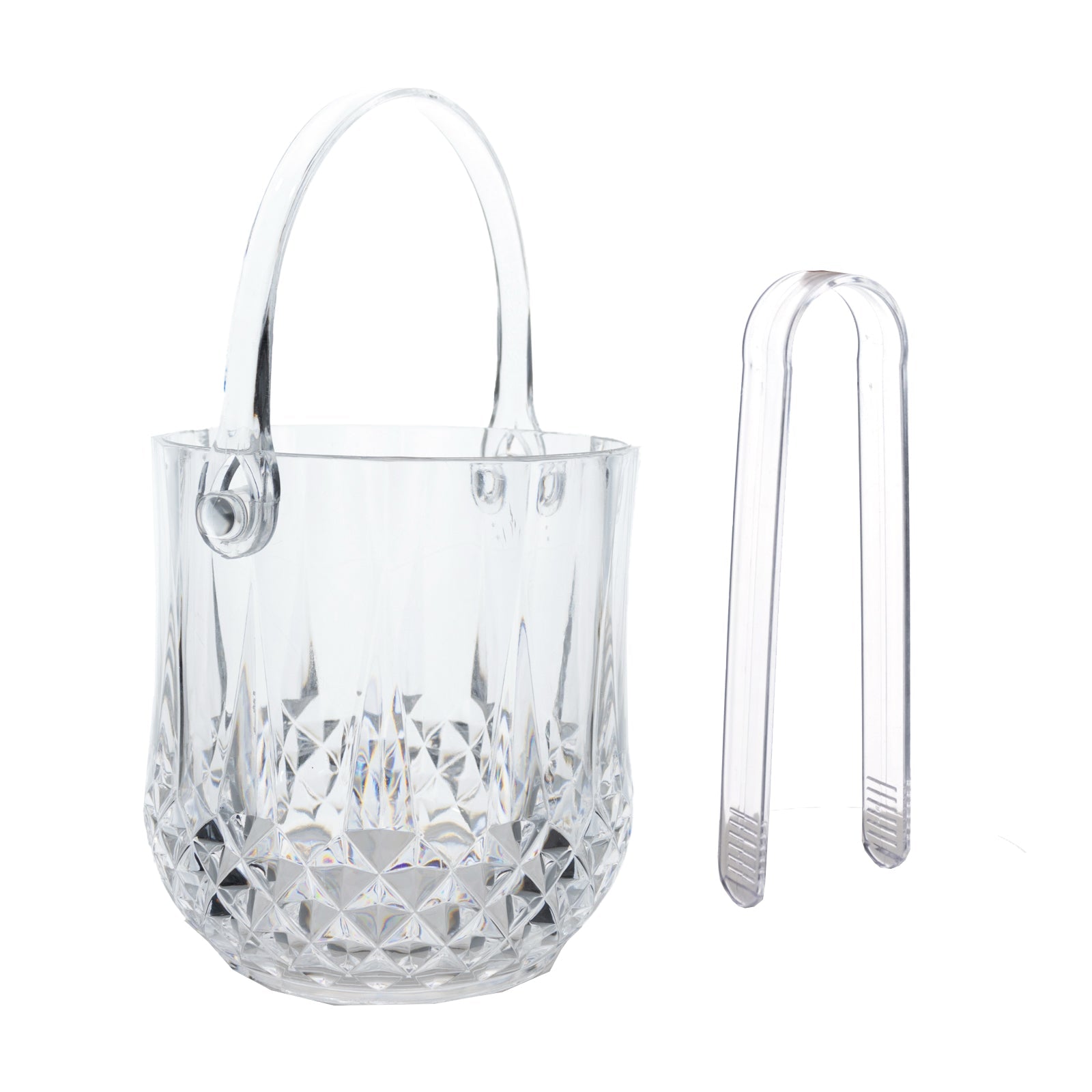 3-Pack Clear Plastic Small Ice Buckets with Handle & Tongs in Crystal-Cut Design – 5"x5" Shatterproof Compact Bar Ice Holder & Drink Cooler for Whiskey, Cocktails & Parties