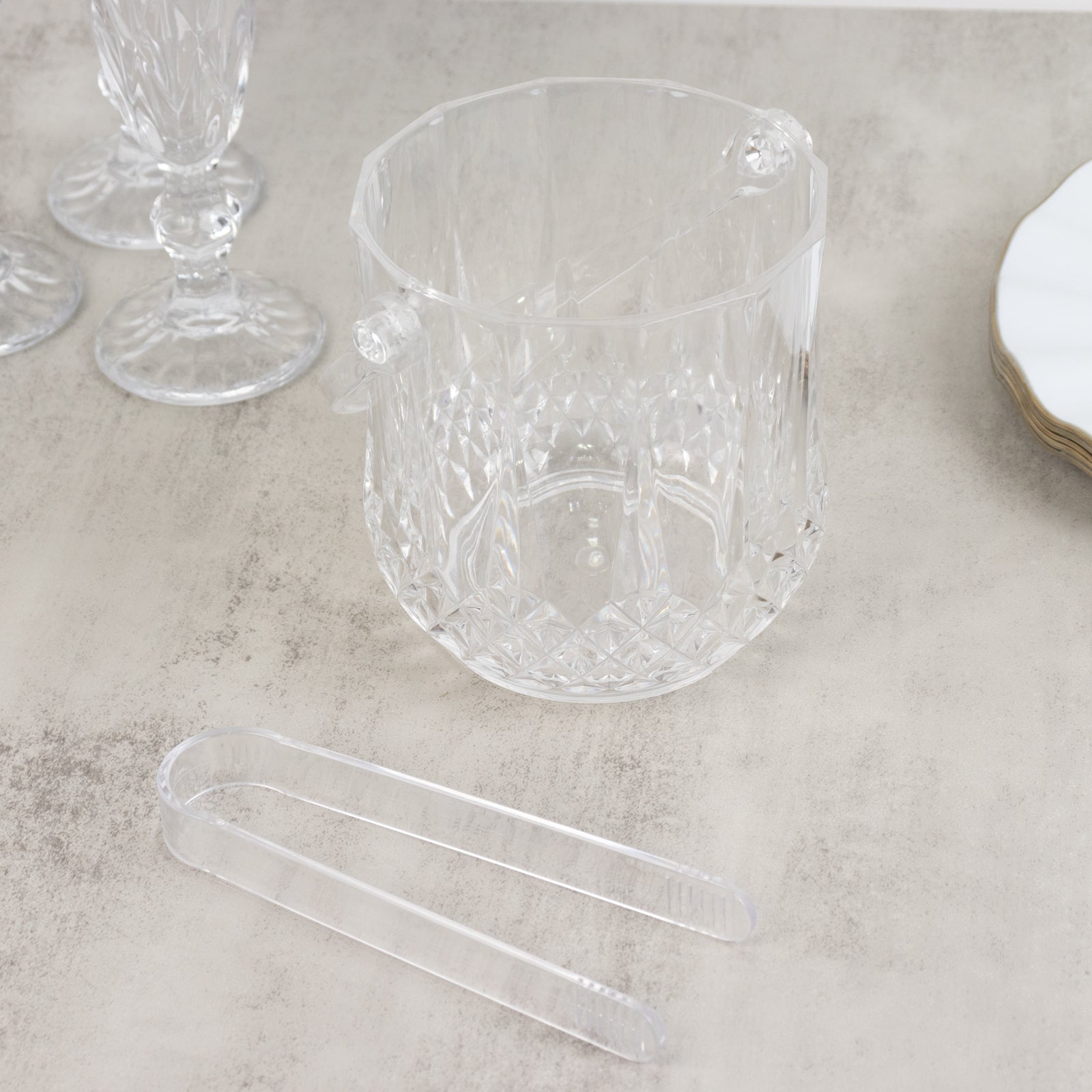 3-Pack Clear Plastic Small Ice Buckets with Handle & Tongs in Crystal-Cut Design – 5"x5" Shatterproof Compact Bar Ice Holder & Drink Cooler for Whiskey, Cocktails & Parties