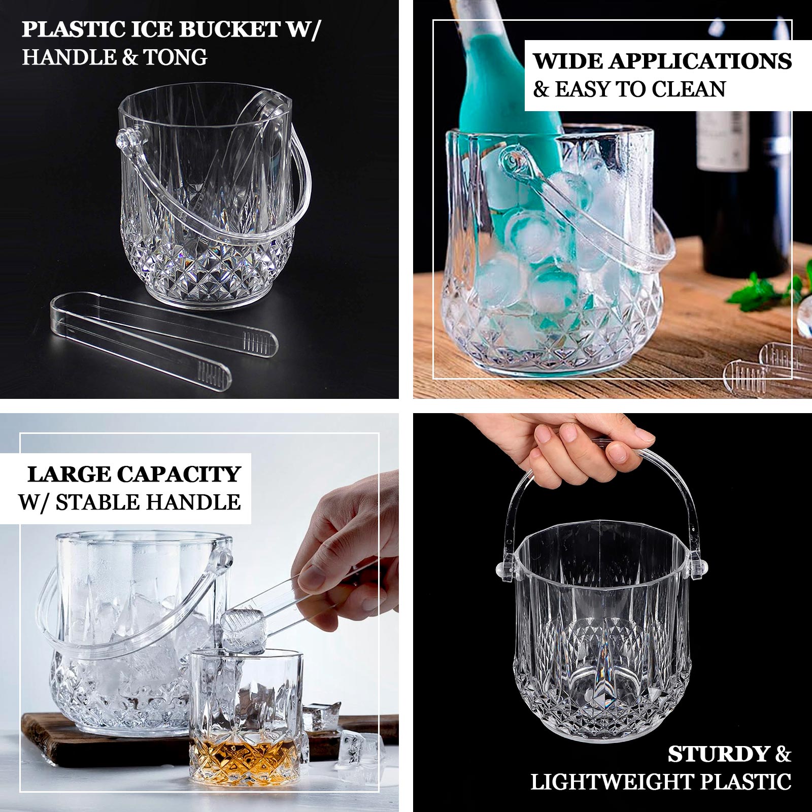 3-Pack Clear Plastic Small Ice Buckets with Handle & Tongs in Crystal-Cut Design – 5"x5" Shatterproof Compact Bar Ice Holder & Drink Cooler for Whiskey, Cocktails & Parties