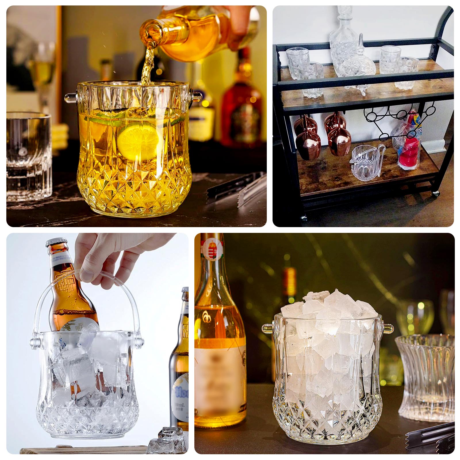 3-Pack Clear Plastic Small Ice Buckets with Handle & Tongs in Crystal-Cut Design – 5"x5" Shatterproof Compact Bar Ice Holder & Drink Cooler for Whiskey, Cocktails & Parties