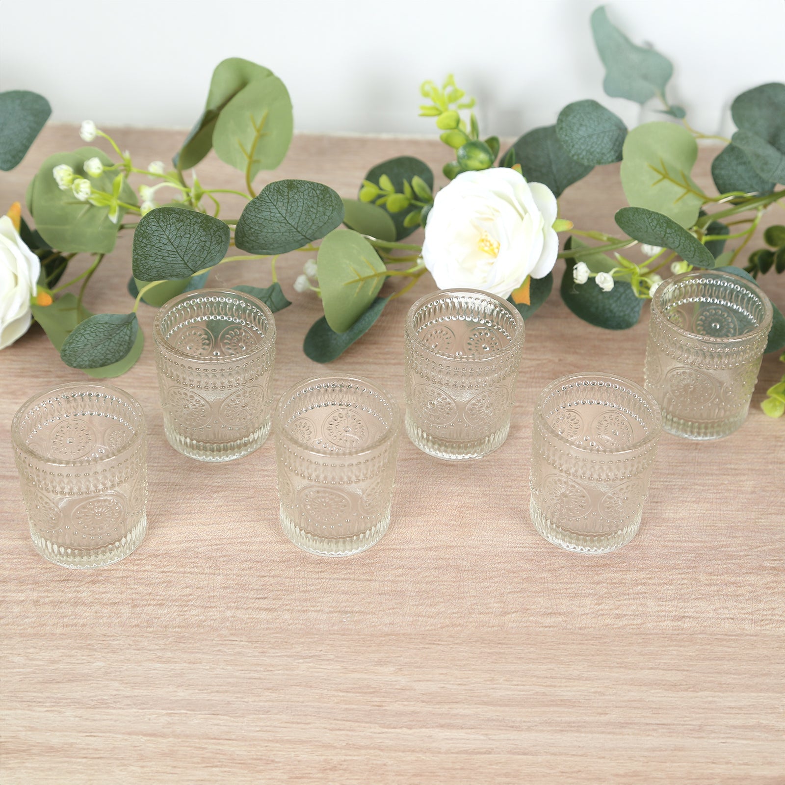 6-Pack Clear Glass Votive Tealight Holders - Stylish Primrose Design for Weddings & Décor