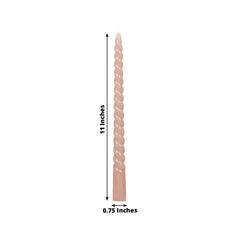12-Pack Taper Candles Spiral Long Burn Wick Design Dusty Rose - Premium Unscented Wax Dinner Candle Sticks 11"