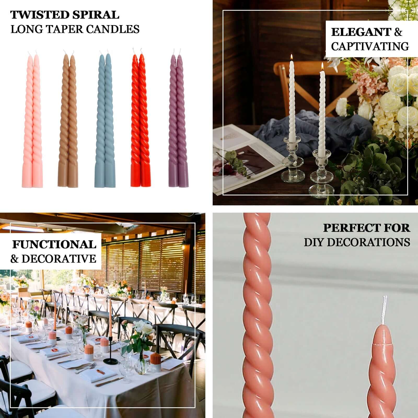 12-Pack Taper Candles Spiral Long Burn Wick Design Pink - Premium Unscented Wax Dinner Candle Sticks 11"