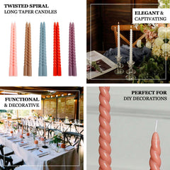 12-Pack Taper Candles Spiral Long Burn Wick Design Pink - Premium Unscented Wax Dinner Candle Sticks 11"
