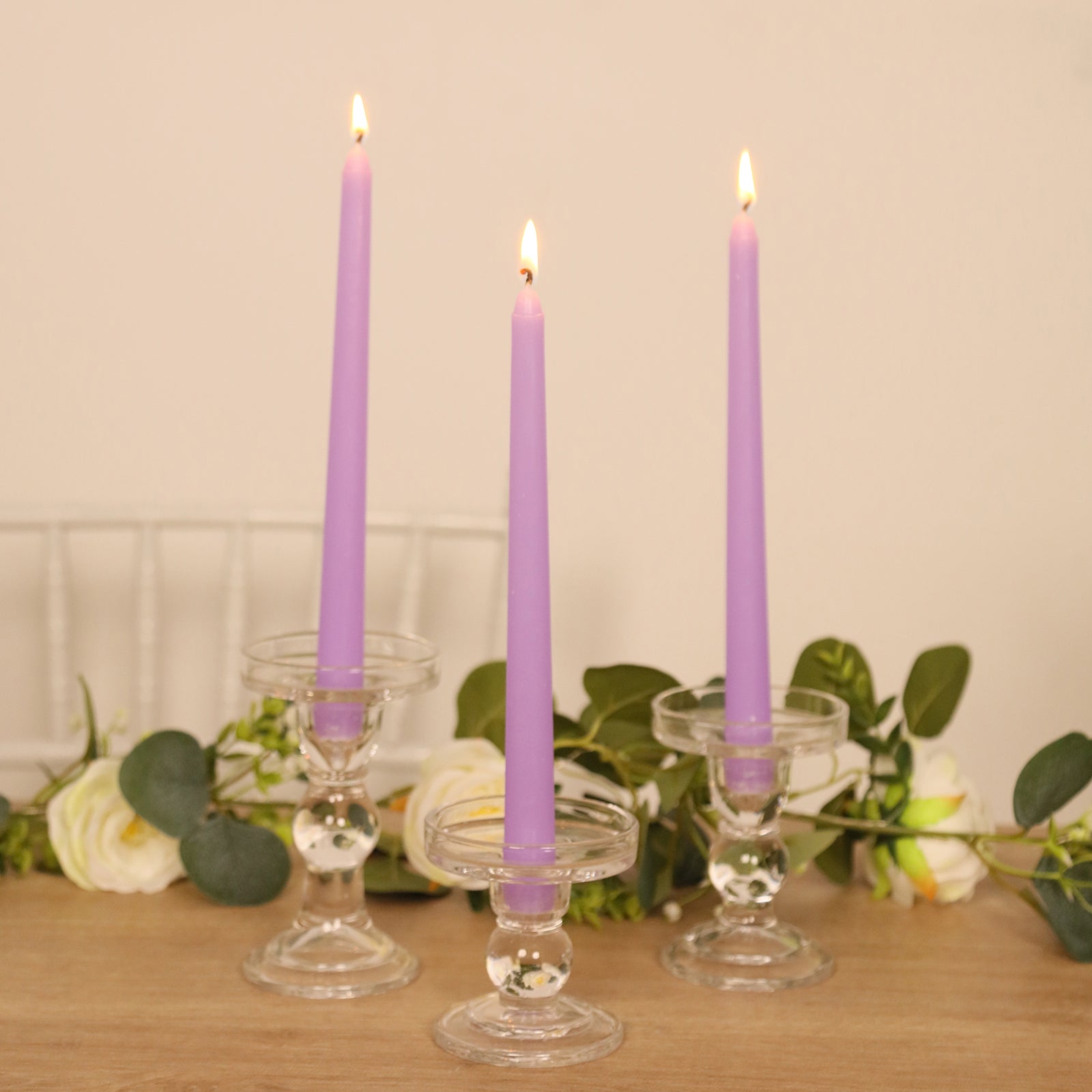 12-Pack Taper Candles Premium Wax Design Lavender Lilac - Unscented Candles for Upscale Settings 10"