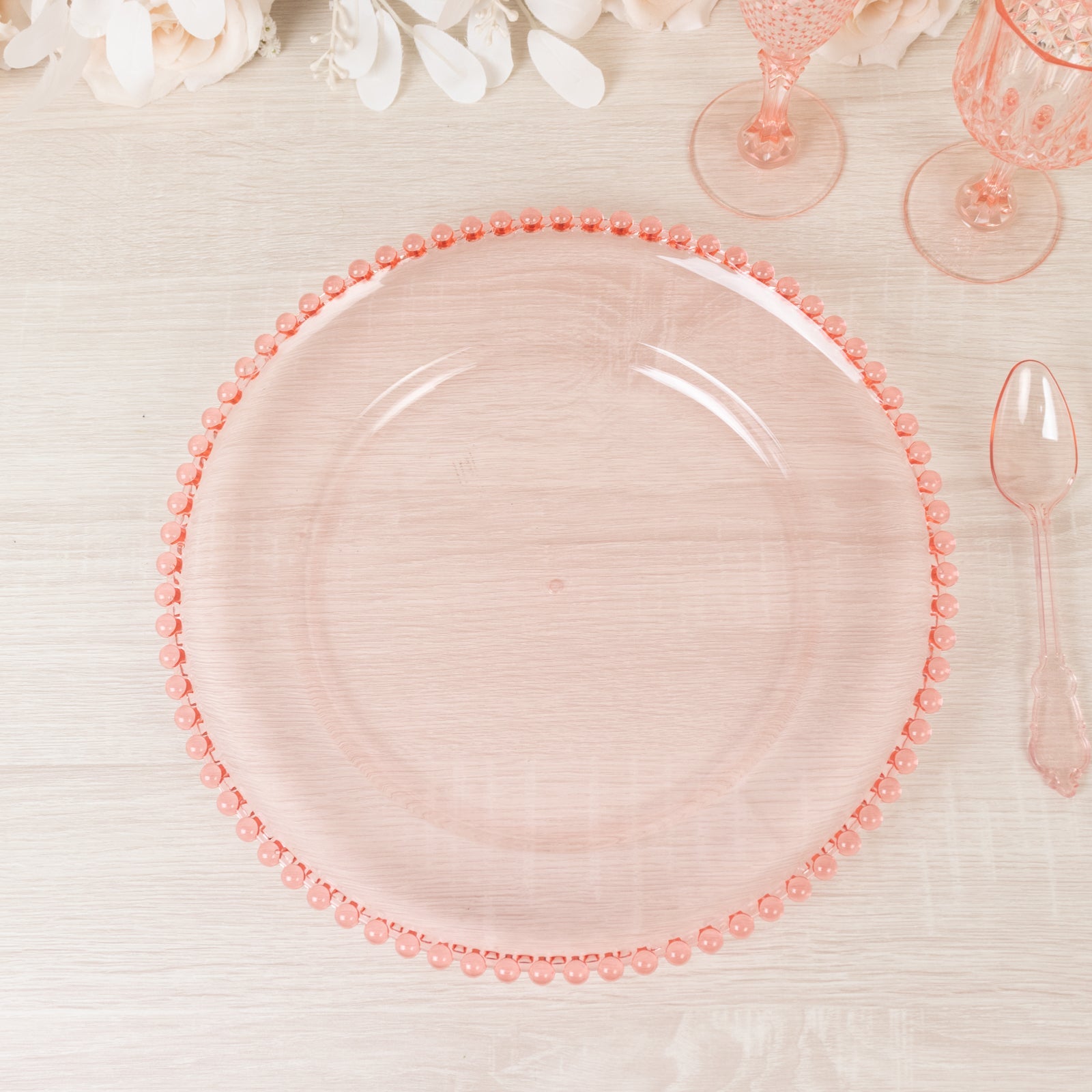6-Pack Acrylic Round Charger Plates 13" in Transparent Blush with Beaded Rim, Decorative Dinner Party Serving Plates