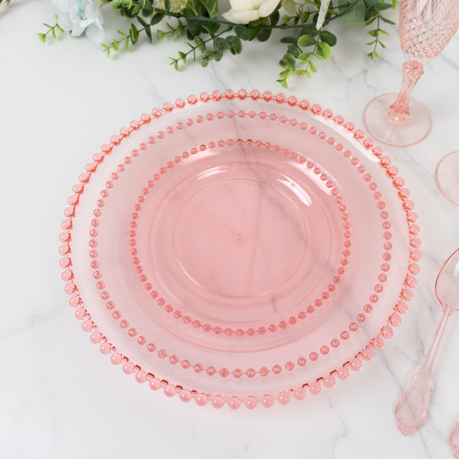 6-Pack Acrylic Round Charger Plates 13" in Transparent Blush with Beaded Rim, Decorative Dinner Party Serving Plates