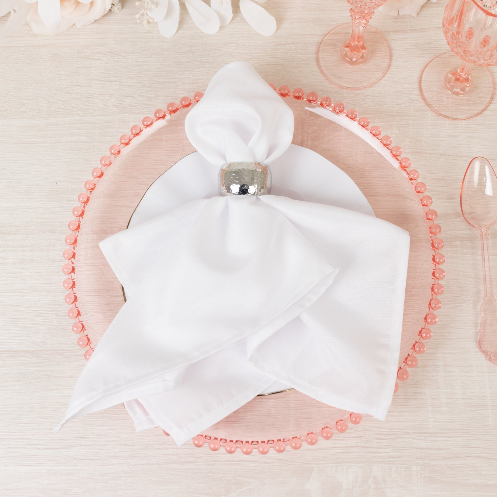 6-Pack Acrylic Round Charger Plates 13" in Transparent Blush with Beaded Rim, Decorative Dinner Party Serving Plates