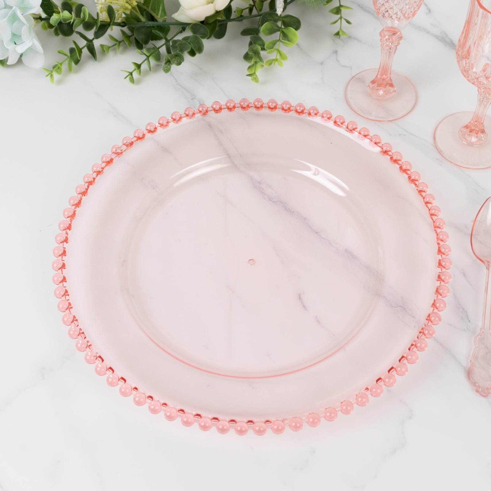 6-Pack Acrylic Round Charger Plates 13" in Transparent Blush with Beaded Rim, Decorative Dinner Party Serving Plates
