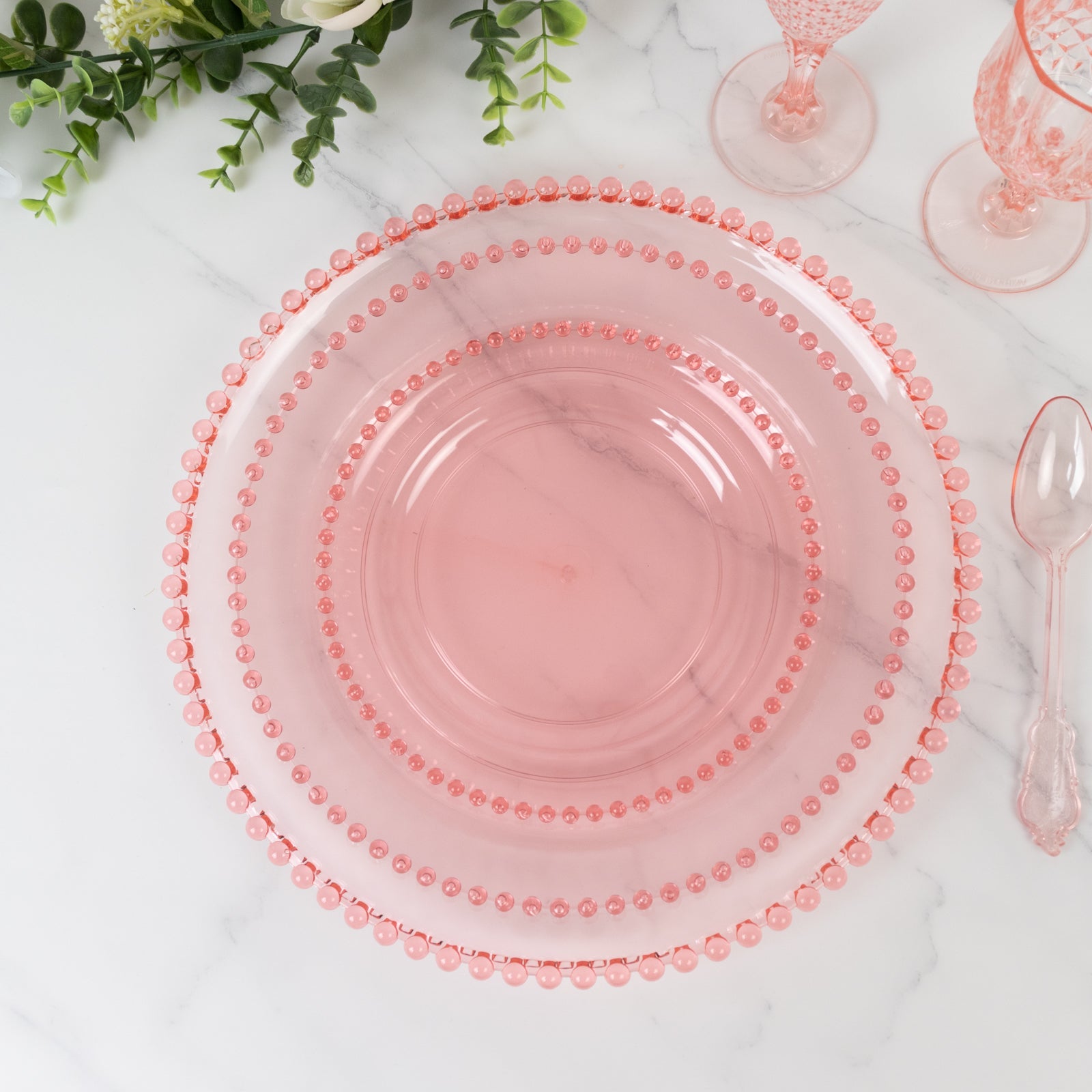6-Pack Acrylic Round Charger Plates 13" in Transparent Blush with Beaded Rim, Decorative Dinner Party Serving Plates