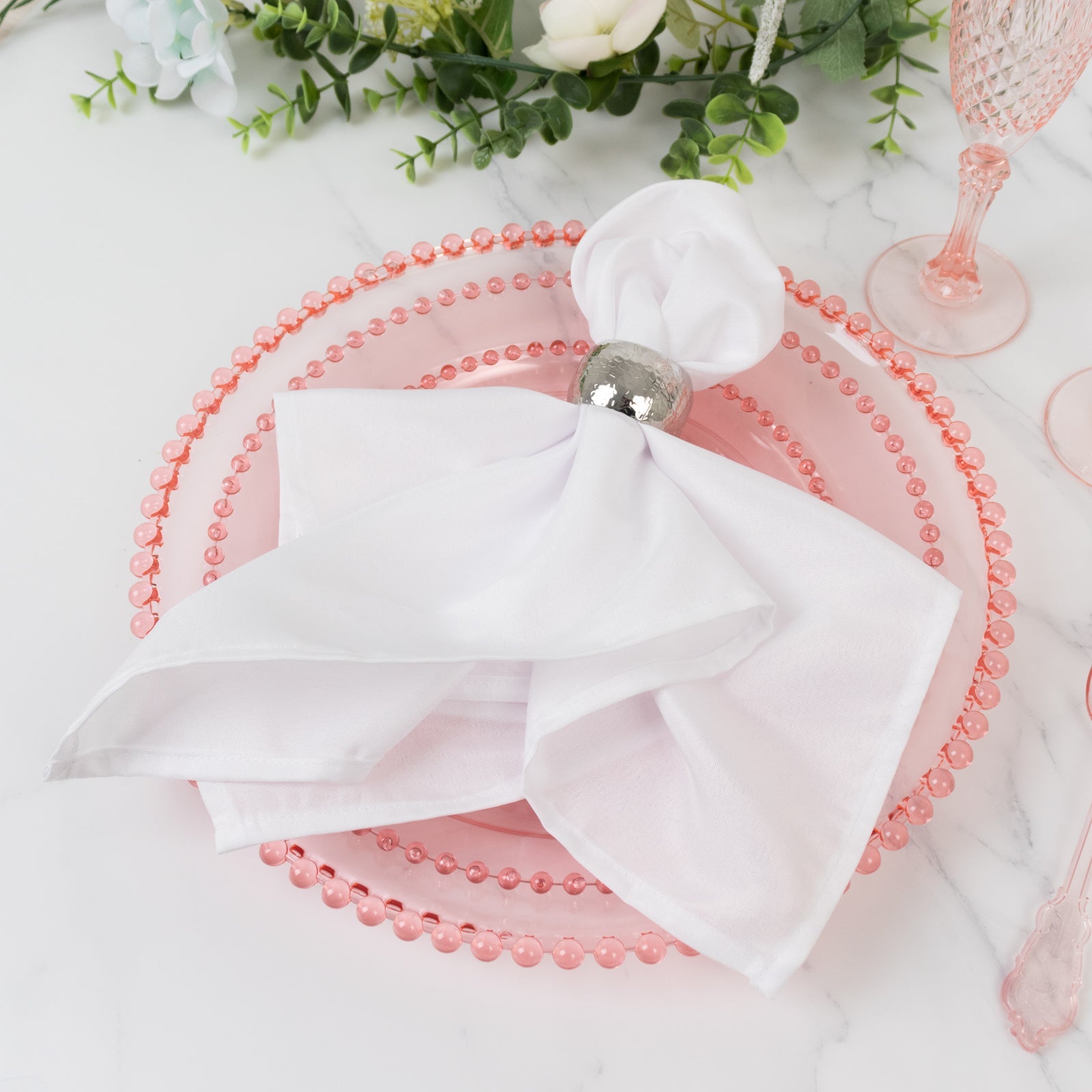 6-Pack Acrylic Round Charger Plates 13" in Transparent Blush with Beaded Rim, Decorative Dinner Party Serving Plates