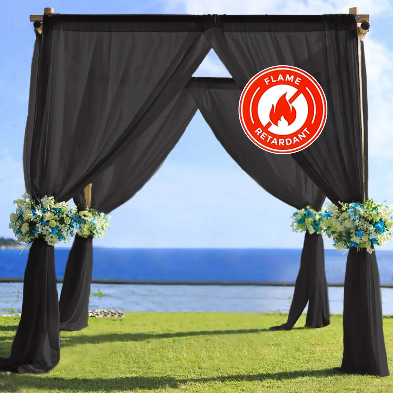 5ftx14ft Premium Black Chiffon Curtain Panel, Durable Flame Resistant Backdrop Ceiling Drapery With Rod Pocket