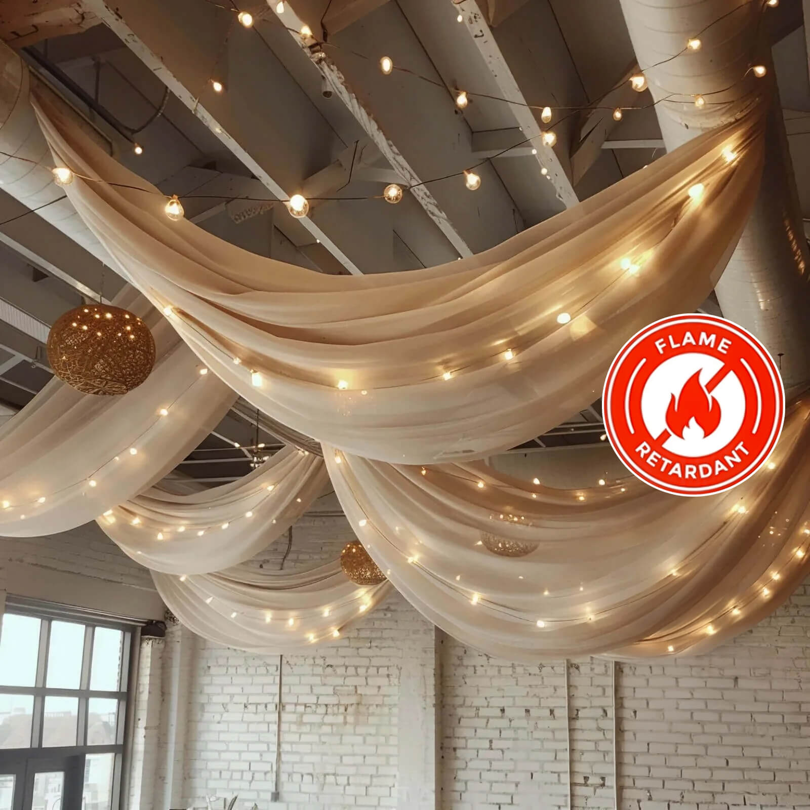 5ftx32ft Premium Natural Chiffon Curtain Panel, Durable Flame Resistant Backdrop Ceiling Drapery With Rod Pocket
