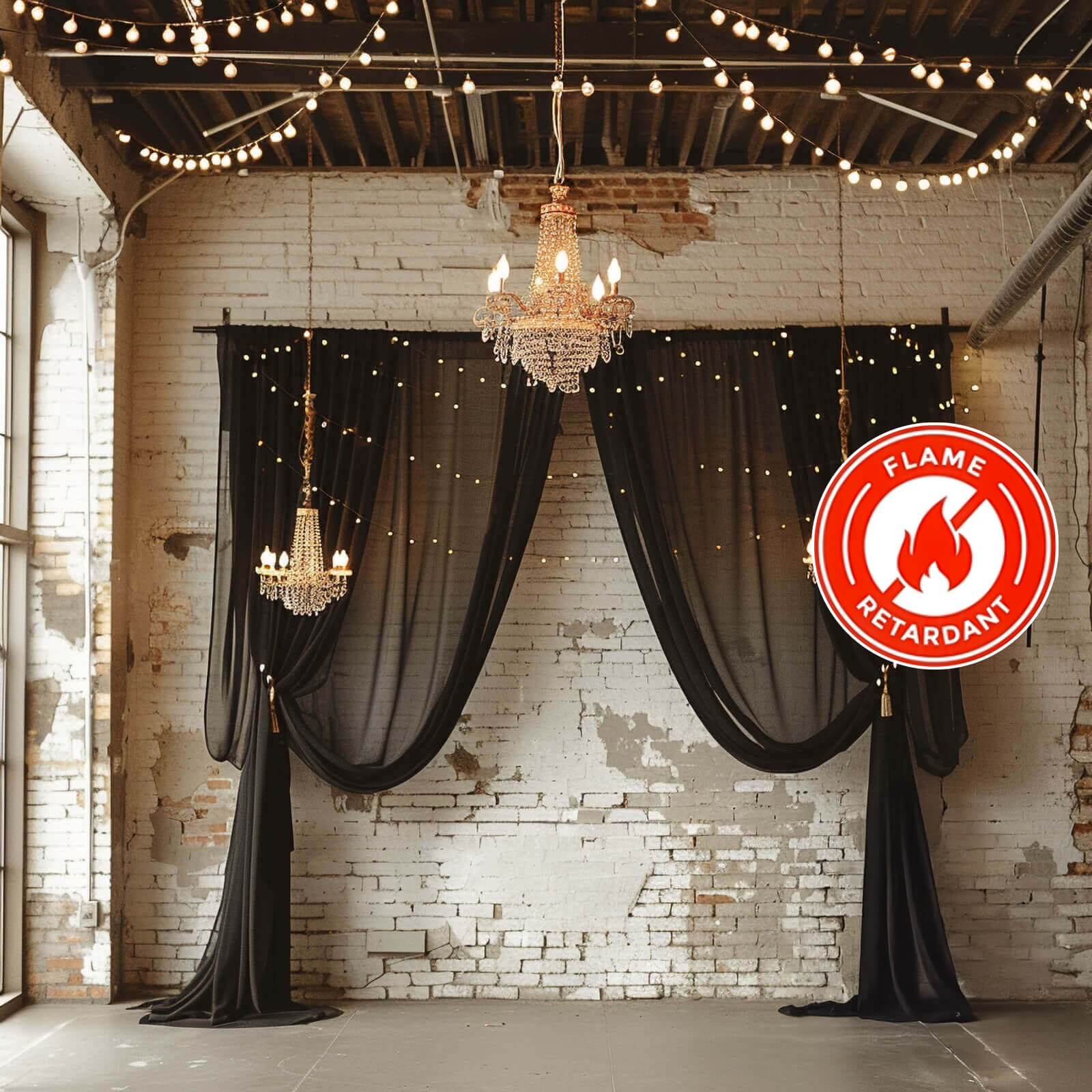 5ftx32ft Premium Black Chiffon Curtain Panel, Durable Flame Resistant Backdrop Ceiling Drapery With Rod Pocket