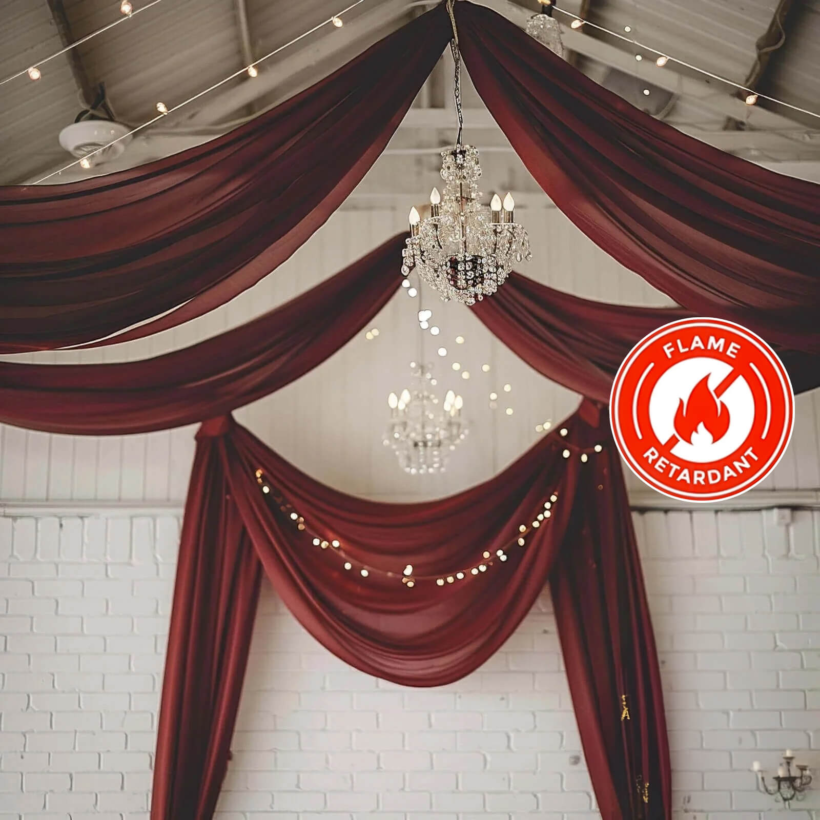 5ftx32ft Premium Burgundy Chiffon Curtain Panel, Durable Flame Resistant Backdrop Ceiling Drapery With Rod Pocket