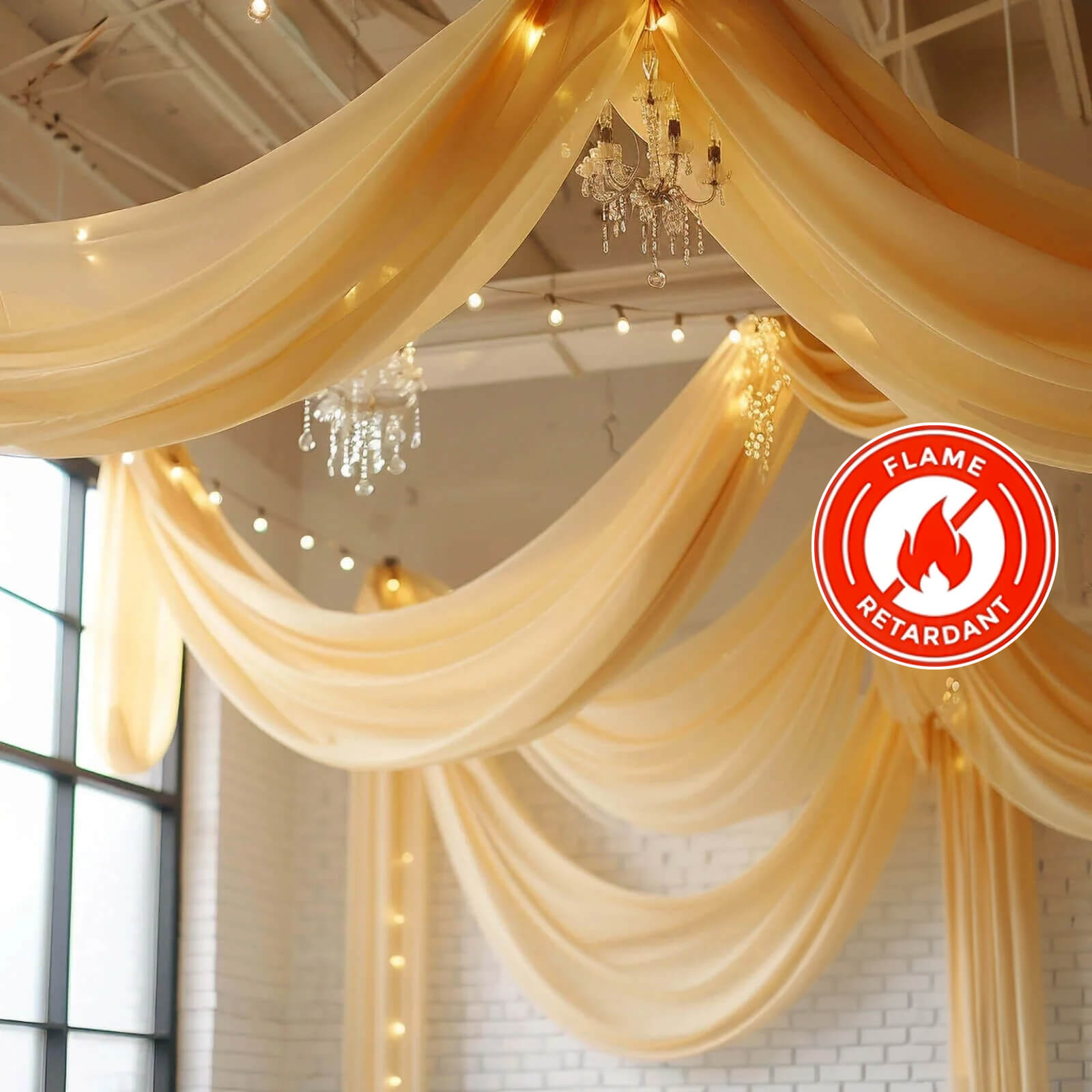 5ftx32ft Premium Champagne Chiffon Curtain Panel, Durable Flame Resistant Backdrop Ceiling Drapery With Rod Pocket