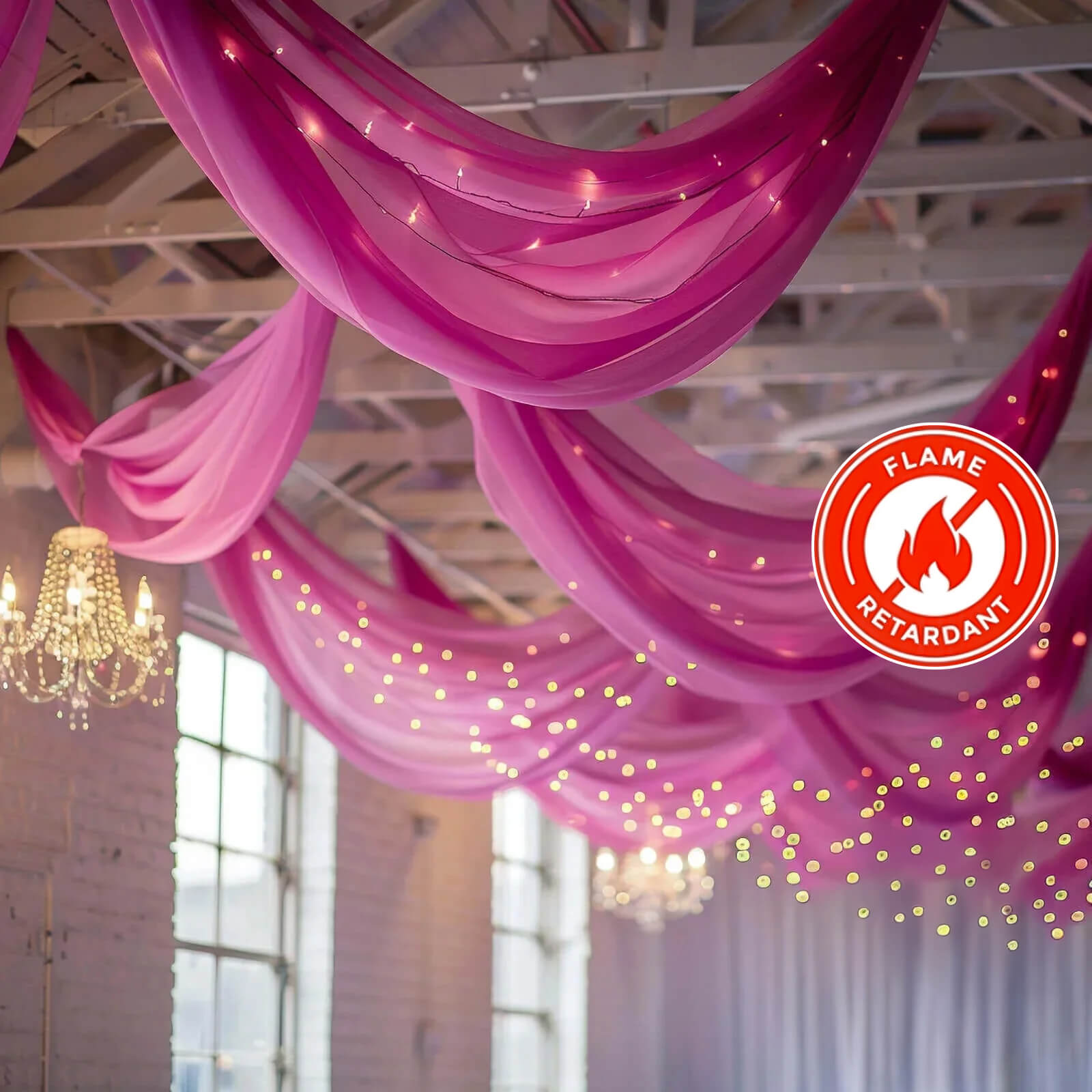 5ftx32ft Premium Fuchsia Chiffon Curtain Panel, Durable Flame Resistant Backdrop Ceiling Drapery With Rod Pocket