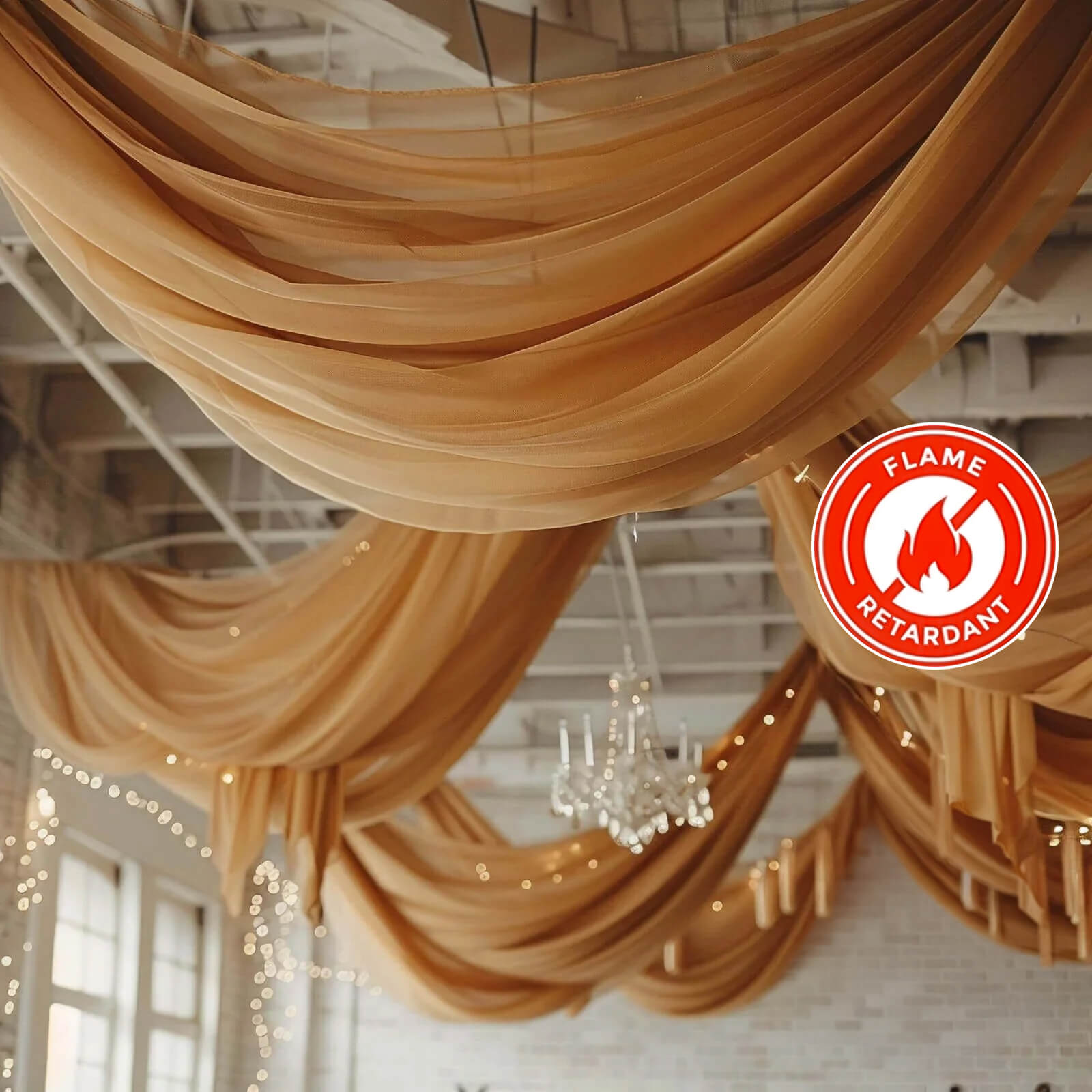 5ftx32ft Premium Gold Chiffon Curtain Panel, Durable Flame Resistant Backdrop Ceiling Drapery With Rod Pocket