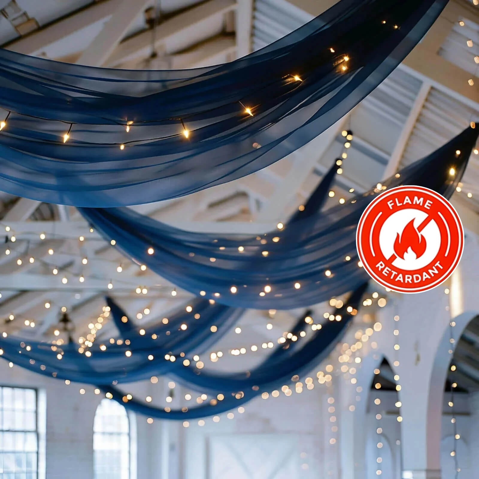 5ftx32ft Premium Navy Blue Chiffon Curtain Panel, Durable Flame Resistant Backdrop Ceiling Drapery With Rod Pocket